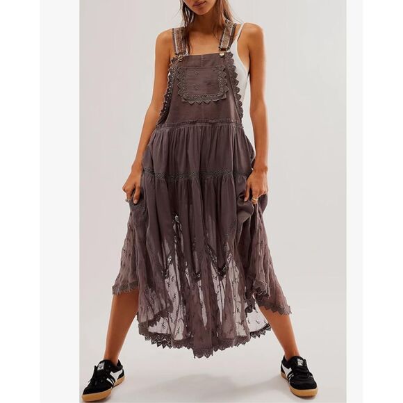 Utcoco Brown Embroidered Square Neck Tiered Maxi Jumper Apron Dress Medium - Picture 2 of 15